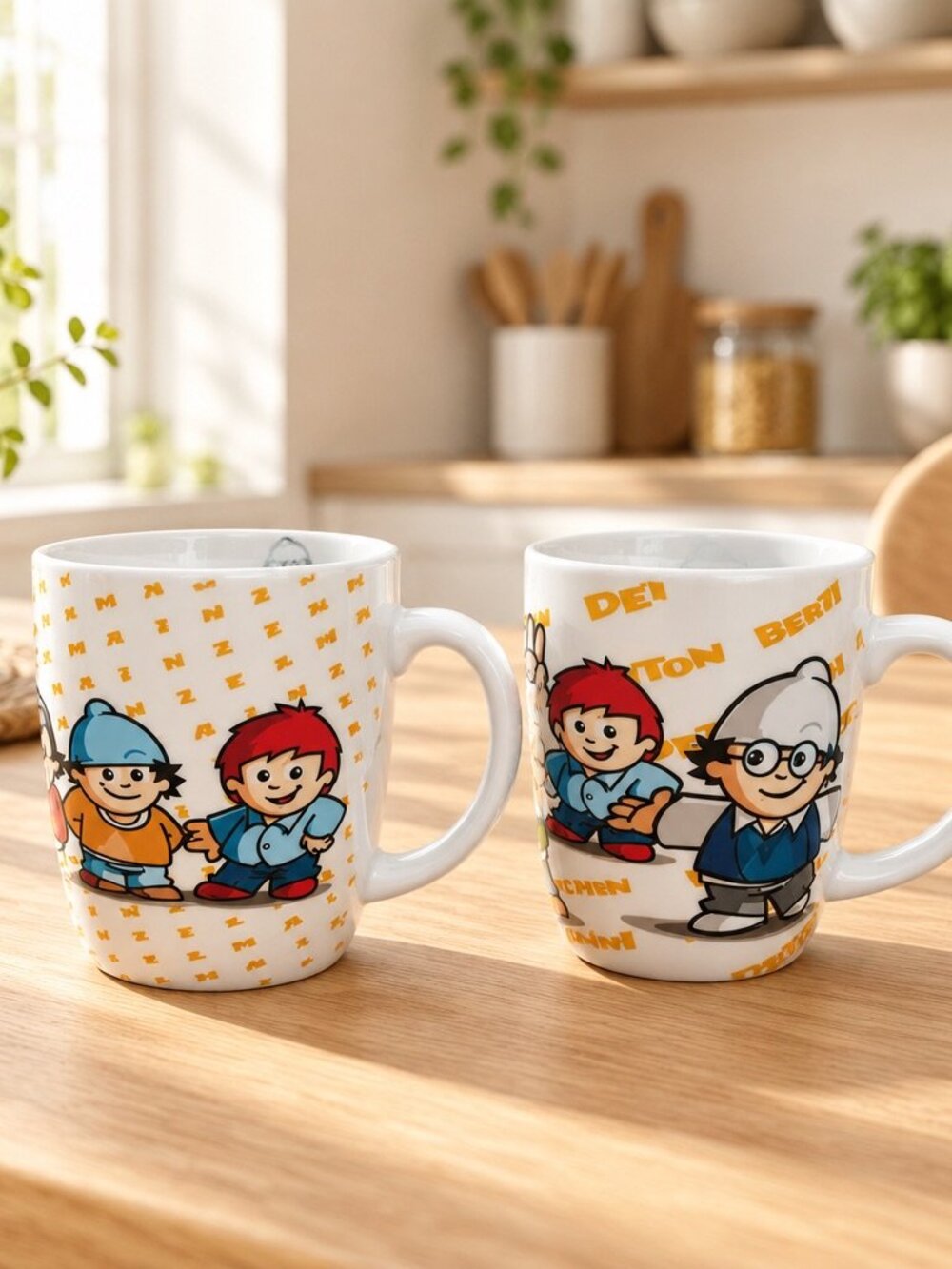 Mainzelmännchen Mug Set By p:os - 2-Piece Cartoon Design Porcelain Microwave Saf